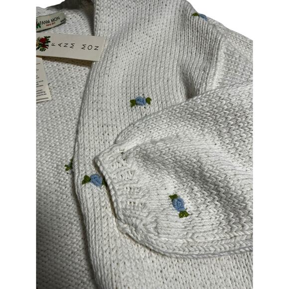 Fanm Mon Hand Knit Blue Rose Cardigan Cotton Sweater | Womens XS S NEW - Picture 15 of 15